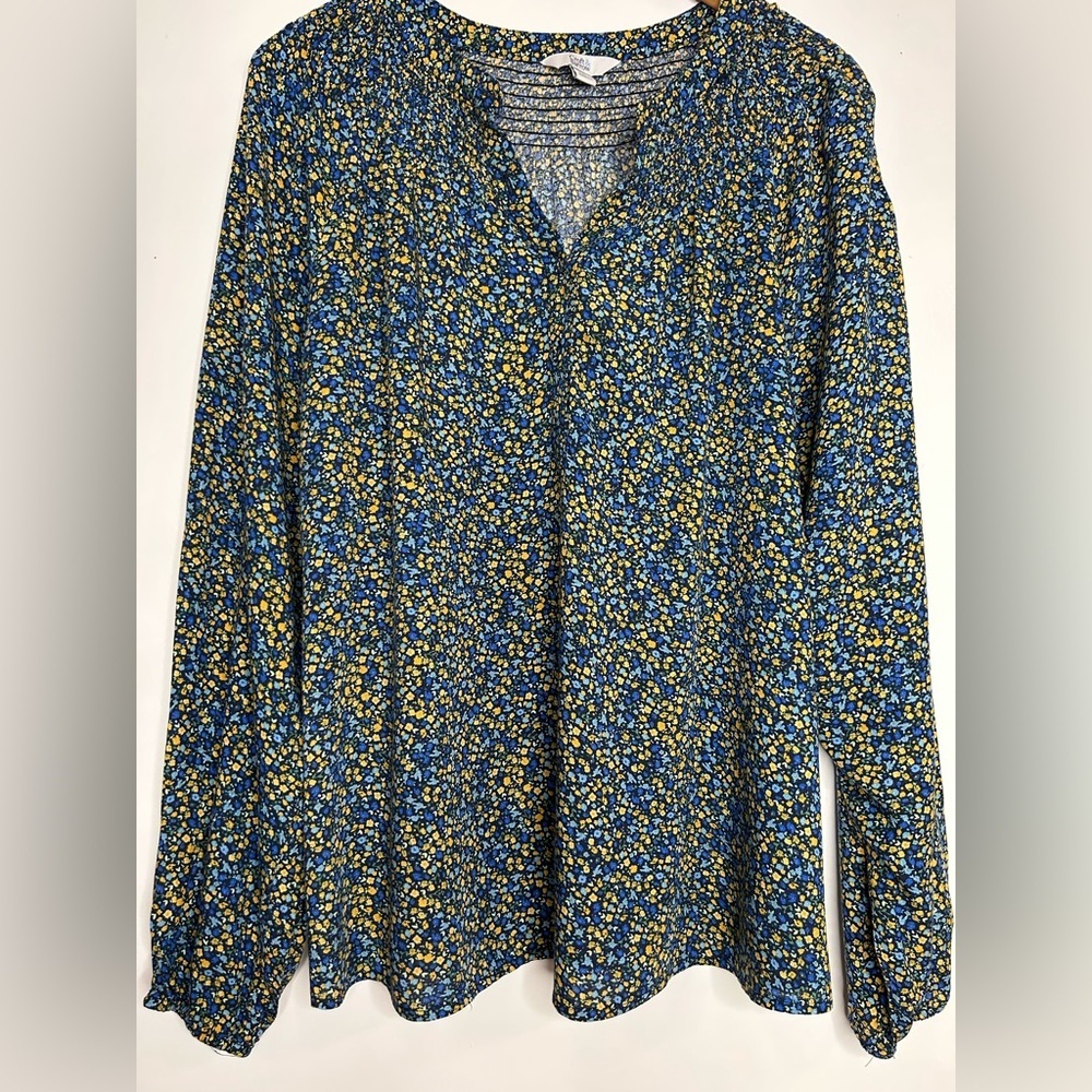 Croft & Barrow Blue Fitted Long Sleeve Notched Collar Blouse Floral Flowy Boho